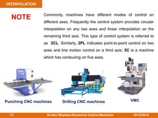 10/12/2016Dr.Amr Shaaban-Numerical Control Machines13
INTERPOLATION
NOTE Commonly, machines have different modes of control on
different axes. Frequently the control system provides circular
interpolation on any two axes and linear interpolation on the
remaining third axis. This type of control system is referred to
as 2CL. Similarly, 2PL indicates point-to-point control on two
axes and line motion control on a third axis; 5C is a machine
which has contouring on five axes.
Punching CNC machines Drilling CNC machines VMC
 
