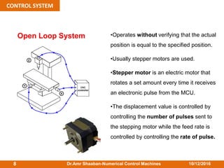 10/12/2016Dr.Amr Shaaban-Numerical Control Machines8
CONTROL SYSTEM
Open Loop System •Operates without verifying that the actual
position is equal to the specified position.
•Usually stepper motors are used.
•Stepper motor is an electric motor that
rotates a set amount every time it receives
an electronic pulse from the MCU.
•The displacement value is controlled by
controlling the number of pulses sent to
the stepping motor while the feed rate is
controlled by controlling the rate of pulse.
 