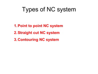 Types of NC system
1.Point to point NC system
2.Straight cut NC system
3.Contouring NC system
 