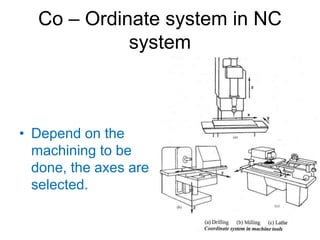 Co – Ordinate system in NC
system
• Depend on the
machining to be
done, the axes are
selected.
 