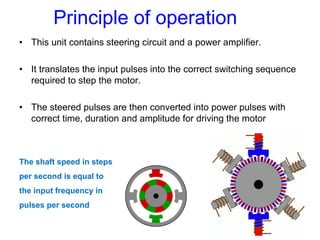 Principle of operation
• This unit contains steering circuit and a power amplifier.
• It translates the input pulses into the correct switching sequence
required to step the motor.
• The steered pulses are then converted into power pulses with
correct time, duration and amplitude for driving the motor
The shaft speed in steps
per second is equal to
the input frequency in
pulses per second
 