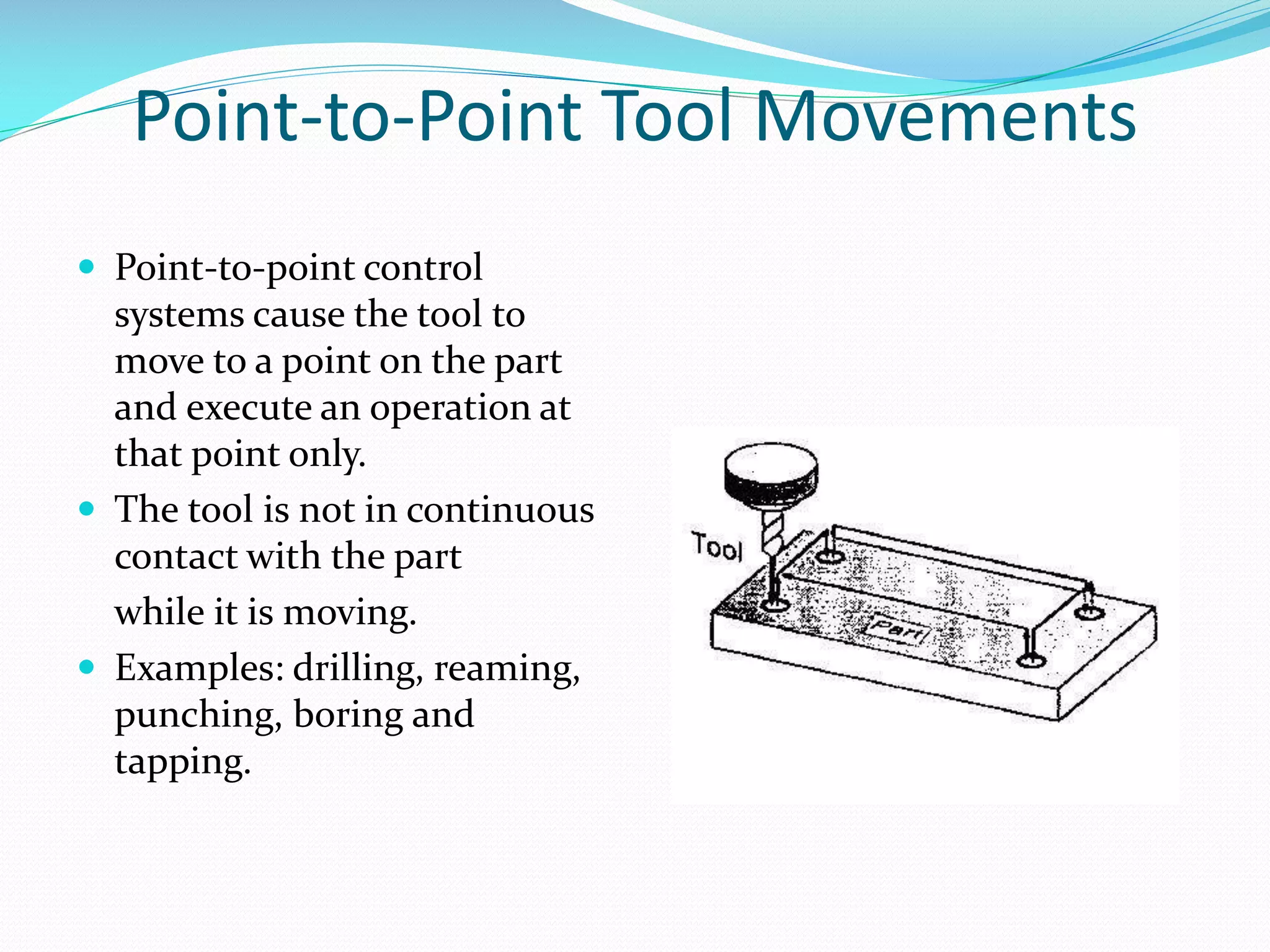 Point-to-Point Tool Movements
 Point-to-point control

systems cause the tool to
move to a point on the part
and execute an operation at
that point only.
 The tool is not in continuous
contact with the part
while it is moving.
 Examples: drilling, reaming,
punching, boring and
tapping.

 