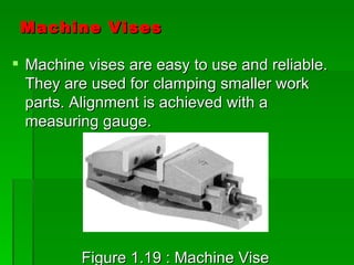 Machine Vises

 Machine vises are easy to use and reliable.
  They are used for clamping smaller work
  parts. Alignment is achieved with a
  measuring gauge.




         Figure 1.19 : Machine Vise
 