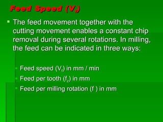 Feed Speed (V f )
 The feed movement together with the
  cutting movement enables a constant chip
  removal during several rotations. In milling,
  the feed can be indicated in three ways:

   Feed speed (Vf) in mm / min
   Feed per tooth (fz) in mm
   Feed per milling rotation (f ) in mm
 
