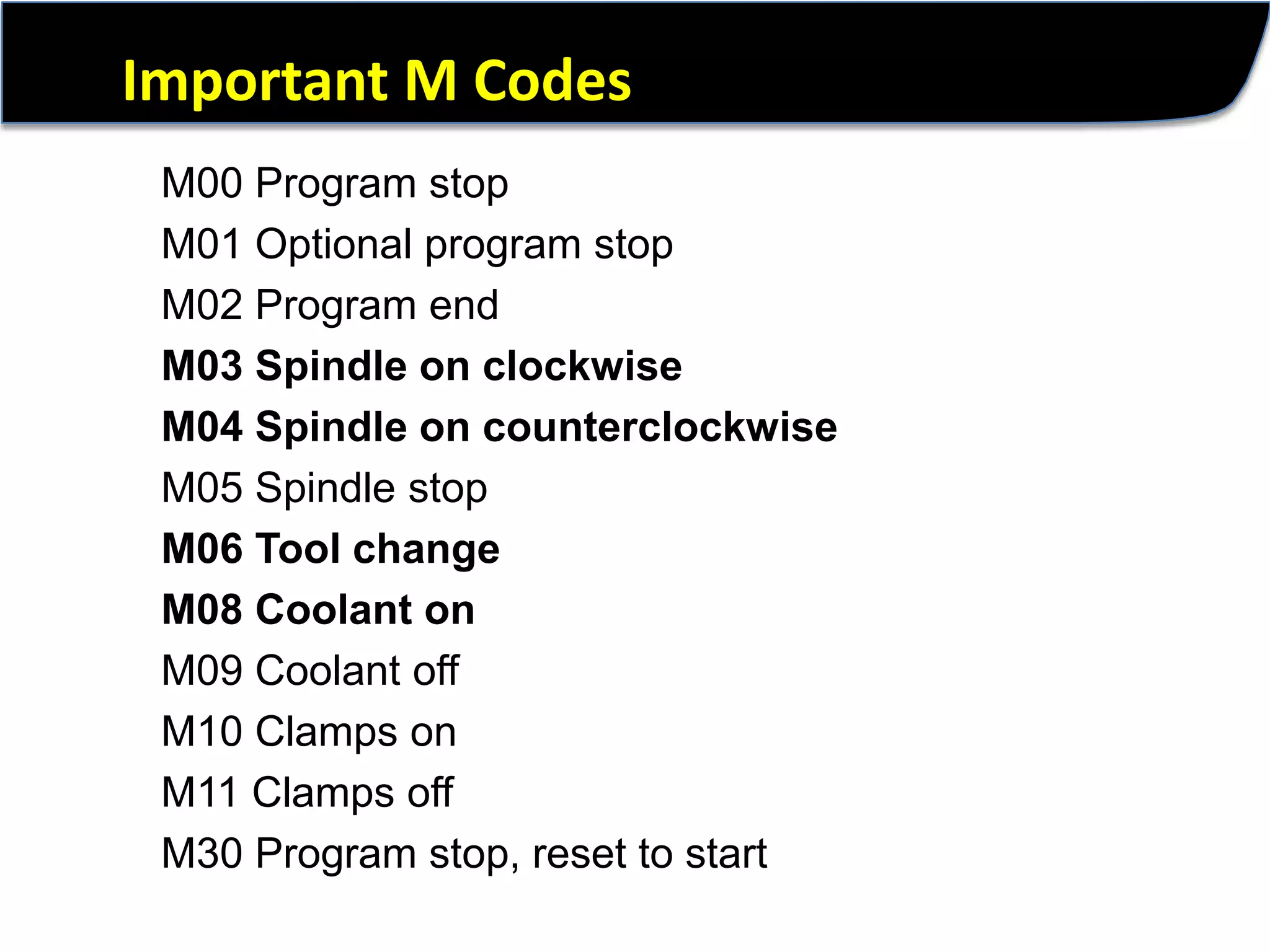 Important M CodesM00 Program stopM01 Optional program stopM02 Program endM03 Spindle on clockwiseM04 Spindle on counterclockwiseM05 Spindle stopM06 Tool changeM08 Coolant onM09 Coolant offM10 Clamps onM11 Clamps offM30 Program stop, reset to start