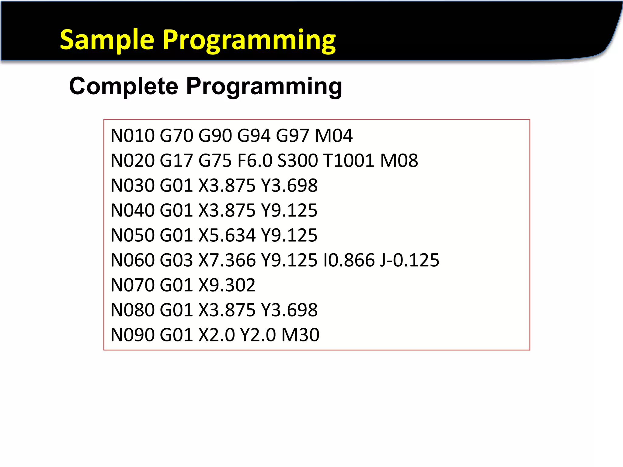 Sample ProgrammingComplete ProgrammingN010 G70 G90 G94 G97 M04 N020 G17 G75 F6.0 S300 T1001 M08 N030 G01 X3.875 Y3.698 N040 G01 X3.875 Y9.125 N050 G01 X5.634 Y9.125 N060 G03 X7.366 Y9.125 I0.866 J-0.125 N070 G01 X9.302 N080 G01 X3.875 Y3.698 N090 G01 X2.0 Y2.0 M30 