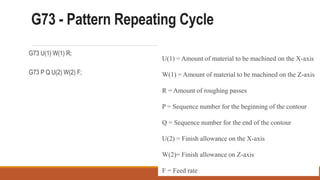 G73 - Pattern Repeating Cycle
G73 U(1) W(1) R;
G73 P Q U(2) W(2) F;
U(1) = Amount of material to be machined on the X-axis
W(1) = Amount of material to be machined on the Z-axis
R = Amount of roughing passes
P = Sequence number for the beginning of the contour
Q = Sequence number for the end of the contour
U(2) = Finish allowance on the X-axis
W(2)= Finish allowance on Z-axis
F = Feed rate
 