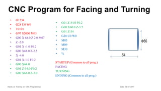 CNC Program for Facing and Turning
• O1234
• G28 U0 W0
• T0101
• G97 S2000 M03
• G00 X 68.0 Z 2.0 M07
• Z -2.0
• G01 X -1.0 F0.2
• G00 X68.0 Z-2.5
• X -4.0
• G01 X-1.0 F0.2
• G00 X64.0
• G01 Z-54.0 F0.2
• G00 X66.0 Z-3.0
• G01 Z-54.0 F0.2
• G00 X60.0 Z-3.5
• G01 Z-54
• G28 U0 W0
• M05
• M09
• M30
• %
STARTUP (Common to all prog.)
FACING
TURNING
ENDING (Common to all prog.)
 