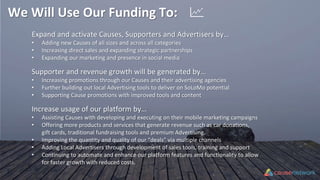 We Will Use Our Funding To:
Expand and activate Causes, Supporters and Advertisers by…
• Adding new Causes of all sizes and across all categories
• Increasing direct sales and expanding strategic partnerships
• Expanding our marketing and presence in social media
Supporter and revenue growth will be generated by…
• Increasing promotions through our Causes and their advertising agencies
• Further building out local Advertising tools to deliver on SoLoMo potential
• Supporting Cause promotions with improved tools and content
Increase usage of our platform by…
• Assisting Causes with developing and executing on their mobile marketing campaigns
• Offering more products and services that generate revenue such as car donations,
gift cards, traditional fundraising tools and premium Advertising.
• Improving the quantity and quality of our “deals” via multiple channels
• Adding Local Advertisers through development of sales tools, training and support
• Continuing to automate and enhance our platform features and functionality to allow
for faster growth with reduced costs.
 
