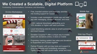 We Created a Scalable, Digital Platform
• Free, branded solution turns everyday activities
into funding support for Causes
• Includes a web marketplace, mobile app and web
app with messaging, donation services, and more
• 1000+ national Advertisers generating up to
10% donation or higher with each purchase
• Local Advertising extends value to small businesses
and local Causes.
• Donation Coupons™ offer a unique way to enable
sales with donations online, in-store or mobile
• Proprietary tracking system ties sales and donations
to Supporters and Causes together
• Partner Program with turn-key tools and support to
drive membership and fundraising campaigns.
Tightly integrated with social media, email and more
On-line Marketplace Mobile App
Web App Plug-In
Fundraising, Communications, Commerce, and Advertising
 