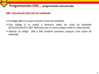 50
Programación CNC… programación estructurada
G80 Cancelación del ciclo de taladrado
 El código G80 se usa para cancelar el ciclo de taladrado.
 Este Código G es modal y desactiva todos los ciclos de taladrado
(G73,G74,G76,G77, G81- G89 hasta que un nuevo código modal es seleccionado.
 Además un código G00 o G01 también cancelara cualquier ciclo activo de
taladrado.
 