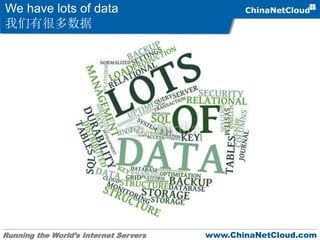 Running the World’s Internet Servers www.ChinaNetCloud.com
We have lots of data
我们有很多数据
 