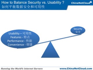 Running the World’s Internet Servers www.ChinaNetCloud.com
How to Balance Security vs. Usability ?
如何平衡数据安全和可用性
Usability – 可用性
Features - 特点
Performance - 性能
Convenience - 便捷
Security
安全
 