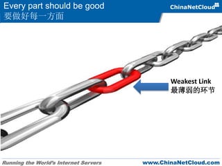 Running the World’s Internet Servers www.ChinaNetCloud.com
Every part should be good
要做好每一方面
Weakest Link
最薄弱的环节
 