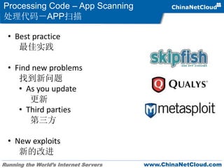 Running the World’s Internet Servers www.ChinaNetCloud.com
Processing Code – App Scanning
处理代码－APP扫描
• Best practice
最佳实践
• Find new problems
找到新问题
• As you update
更新
• Third parties
第三方
• New exploits
新的改进
 