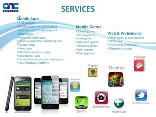 SERVICES
Mobile Games
Casual games
Arcade games
Card games
Education games
Shooting games
Sport games
Racing games
Web & Webservice
Web design & development
Web apps
Third party integration
Open source apps
Mobile Apps
GEO location
Social networking and blogging
Business apps for planning and
management
Photo and video apps
Financial, payment transfering apps
Coupon apps
News apps
Medical and fitness apps
Educational apps
Communication and messaging apps
Open hardware platform
 