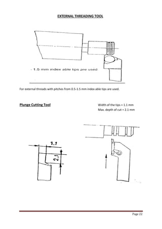 Page 22 
EXTERNAL THREADING TOOL 
For external threads with pitches from 0.5-1.5 mm index able tips are used. 
Plunge Cutting Tool Width of the tips = 1.1 mm Max. depth of cut = 2.1 mm 
 