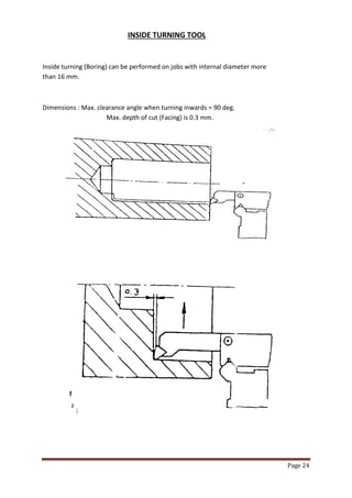 Page 24 
INSIDE TURNING TOOL 
Inside turning (Boring) can be performed on jobs with internal diameter more than 16 mm. 
Dimensions : Max. clearance angle when turning inwards = 90 deg. Max. depth of cut (Facing) is 0.3 mm. 
 