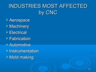 1212
INDUSTRIES MOST AFFECTEDINDUSTRIES MOST AFFECTED
by CNCby CNC
 AerospaceAerospace
 MachineryMachinery
 ElectricalElectrical
 FabricationFabrication
 AutomotiveAutomotive
 InstrumentationInstrumentation
 Mold makingMold making
 