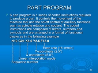 4646
PART PROGRAMPART PROGRAM
 A part program is a series of coded instructions requiredA part program is a series of coded instructions required
to produce a part. It controls the movement of theto produce a part. It controls the movement of the
machine tool and the on/off control of auxiliary functionsmachine tool and the on/off control of auxiliary functions
such as spindle rotation and coolant. The codedsuch as spindle rotation and coolant. The coded
instructions are composed of letters, numbers andinstructions are composed of letters, numbers and
symbols and are arranged in a format of functionalsymbols and are arranged in a format of functional
blocks as in the following exampleblocks as in the following example
N10 G01 X5.0 Y2.5 F15.0N10 G01 X5.0 Y2.5 F15.0
| | | | || | | | |
| | | | Feed rate (15 in/min)| | | | Feed rate (15 in/min)
| | | Y-coordinate (2.5")| | | Y-coordinate (2.5")
| | X-coordinate (5.0")| | X-coordinate (5.0")
| Linear interpolation mode| Linear interpolation mode
Sequence numberSequence number
 