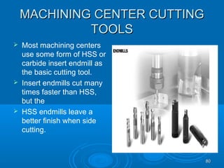 8080
MACHINING CENTER CUTTINGMACHINING CENTER CUTTING
TOOLSTOOLS
 Most machining centers
use some form of HSS or
carbide insert endmill as
the basic cutting tool.
 Insert endmills cut many
times faster than HSS,
but the
 HSS endmills leave a
better finish when side
cutting.
 