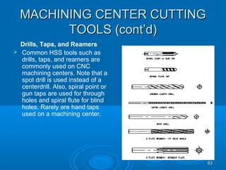 8383
MACHINING CENTER CUTTINGMACHINING CENTER CUTTING
TOOLS (cont’d)TOOLS (cont’d)
Drills, Taps, and Reamers
 Common HSS tools such as
drills, taps, and reamers are
commonly used on CNC
machining centers. Note that a
spot drill is used instead of a
centerdrill. Also, spiral point or
gun taps are used for through
holes and spiral flute for blind
holes. Rarely are hand taps
used on a machining center.
 