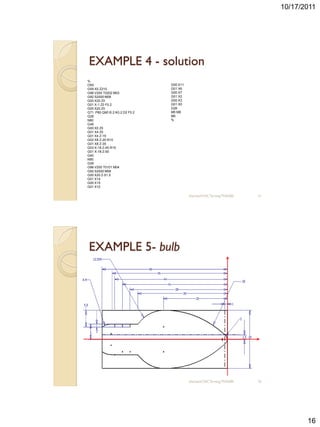 10/17/2011




EXAMPLE 4 - solution
%
O55                             G00 X11
G59 X0 Z210                     G01 X6
G96 V200 T0202 M03              G00 X7
G92 S2000 M08                   G01 X2
G00 X20 Z0                      G00 X3
G01 X-1 Z0 F0.2                 G01 X0
G00 X20 Z0                      G26
G71 P80 Q90 I0.2 K0.2 D2 F0.2   M5 M9
G26                             M0
N80                             %
G46
G00 X0 Z0
G01 X4 Z0
G01 X4 Z-15
G02 X8 Z-20 R10
G01 X8 Z-35
G03 X-18 Z-45 R15
G01 X-18 Z-50
G40
N90
G26
G96 V200 T0101 M04
G92 S2000 M08
G00 X20 Z-51.5
G01 X14
G00 X15
G01 X10

                                          sharizan/CNC Turning TNA300   31




EXAMPLE 5- bulb




                                          sharizan/CNC Turning TNA300   32




                                                                                    16
 