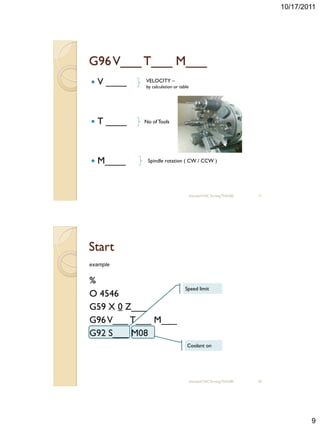 10/17/2011




G96 V___ T___ M___
   V ____   VELOCITY –
             by calculation or table




   T ____   No of Tools




   M____     Spindle rotation ( CW / CCW )




                                       sharizan/CNC Turning TNA300   17




Start
example


%
                                  Speed limit
O 4546
G59 X 0 Z___
G96 V___ T___ M___
G92 S___ M08
                                   Coolant on




                                       sharizan/CNC Turning TNA300   18




                                                                                  9
 