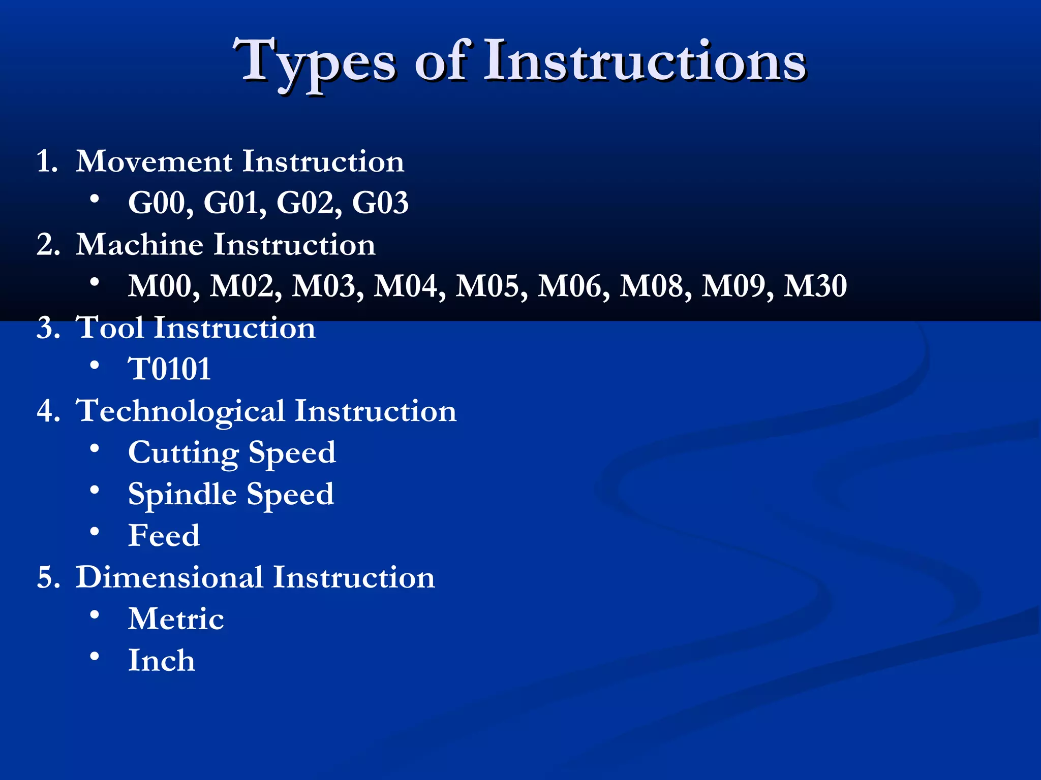 Types of InstructionsTypes of Instructions
1. Movement Instruction
• G00, G01, G02, G03
2. Machine Instruction
• M00, M02, M03, M04, M05, M06, M08, M09, M30
3. Tool Instruction
• T0101
4. Technological Instruction
• Cutting Speed
• Spindle Speed
• Feed
5. Dimensional Instruction
• Metric
• Inch
 