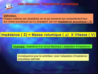 Stage National TIV-Version 200663
Les ultrasons: l’impédance acoustiqueLes ultrasons: l’impédance acoustique
Définition:
Chaque matériau est caractérisé, en ce qui concerne son comportement face
aux ondes acoustiques qui s’y propagent, par son impédance acoustique ( Z)
Impédance ( Z) = Masse volumique ( ⍴) X Vitesse ( V)
Analogie: impédance d’un circuit électrique ( adaptation d’impédance)
Conséquence pour le contrôleur: avoir l’adaptation d’impédance
acoustique optimale
 