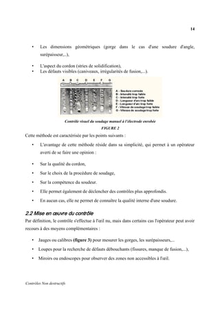 14
Contrôles Non destructifs
• Les dimensions géométriques (gorge dans le cas d'une soudure d'angle,
surépaisseur,..),
• L'aspect du cordon (stries de solidification),
• Les défauts visibles (caniveaux, irrégularités de fusion,...).
Contrôle visuel du soudage manuel à l’électrode enrobée
FIGURE 2
Cette méthode est caractérisée par les points suivants :
• L'avantage de cette méthode réside dans sa simplicité, qui permet à un opérateur
averti de se faire une opinion :
• Sur la qualité du cordon,
• Sur le choix de la procédure de soudage,
• Sur la compétence du soudeur.
• Elle permet également de déclencher des contrôles plus approfondis.
• En aucun cas, elle ne permet de connaître la qualité interne d'une soudure.
2.2 Mise en œuvre du contrôle
Par définition, le contrôle s'effectue à l'œil nu, mais dans certains cas l'opérateur peut avoir
recours à des moyens complémentaires :
• Jauges ou calibres (figure 3) pour mesurer les gorges, les surépaisseurs,...
• Loupes pour la recherche de défauts débouchants (fissures, manque de fusion,...),
• Miroirs ou endoscopes pour observer des zones non accessibles à l'œil.
 