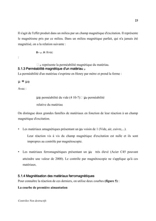 23
Contrôles Non destructifs
Il s'agit de l'effet produit dans un milieu par un champ magnétique d'excitation. Il représente
le magnétisme pris par ce milieu. Dans un milieu magnétique parfait, qui n'a jamais été
magnétisé, on a la relation suivante :
B= μ .H Avec
:
μ représente la perméabilité magnétique du matériau.
5.1.3 Perméabilité magnétique d'un matériau μ
La perméabilité d'un matériau s'exprime en Henry par mètre et prend la forme :
μ = μ0
Avec :
μ0 perméabilité du vide (4 10-7) μr perméabilité
relative du matériau
On distingue deux grandes familles de matériaux en fonction de leur réaction à un champ
magnétique d'excitation.
• Les matériaux amagnétiques présentant un μr voisin de 1 (Vide, air, cuivre,...).
Leur réaction vis à vis du champ magnétique d'excitation est nulle et ils sont
impropres au contrôle par magnétoscopie.
• Les matériaux ferromagnétiques présentant un μr très élevé (Acier C45 pouvant
atteindre une valeur de 2000). Le contrôle par magnétoscopie ne s'applique qu'à ces
matériaux.
5.1.4 Magnétisation des matériaux ferromagnétiques
Pour connaître la réaction de ces derniers, on utilise deux courbes (figure 5) :
La courbe de première aimantation
 