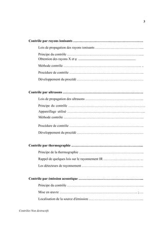 3
Contrôles Non destructifs
Contrôle par rayons ionisants …………………………………………………….
Lois de propagation des rayons ionisants …………………………………....
Principe du contrôle ……………………………………………………….....
Obtention des rayons X et γ .............................................................................
Méthode contrôle ………………………………………………………….. ..
Procédure de contrôle ………………………………………………………..
Développement du procédé ………………………………………………….
Contrôle par ultrasons …………………………………………………………….
Lois de propagation des ultrasons …………………………………………...
Principe du contrôle ………………………………………………………….
Appareillage utilisé …………………………………………………………..
Méthode contrôle …………………………………………………………….
Procédure de contrôle ………………………………………………………..
Développement du procédé ………………………………………………….
Contrôle par thermographie ……………………………………………………...
Principe de la thermographie ………………………………………………...
Rappel de quelques lois sur le rayonnement IR ………………………….. ...
Les détecteurs de rayonnement ……………………………………………...
Contrôle par émission acoustique ………………………………………………...
Principe du contrôle ……………………………………………………….....
Mise en œuvre ………………………………………………………….. ;….
Localisation de la source d'émission ………………………………………...
 