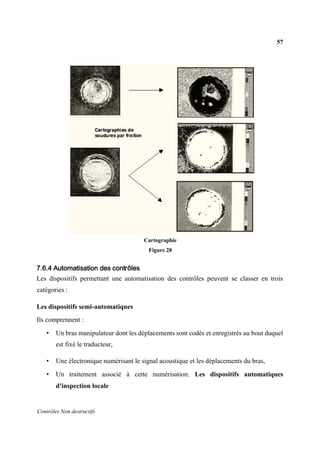 57
Contrôles Non destructifs
Cartographie
Figure 28
7.6.4 Automatisation des contrôles
Les dispositifs permettant une automatisation des contrôles peuvent se classer en trois
catégories :
Les dispositifs semi-automatiques
Ils comprennent :
• Un bras manipulateur dont les déplacements sont codés et enregistrés au bout duquel
est fixé le traducteur,
• Une électronique numérisant le signal acoustique et les déplacements du bras,
• Un traitement associé à cette numérisation. Les dispositifs automatiques
d'inspection locale
 