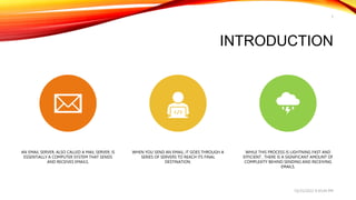 INTRODUCTION
AN EMAIL SERVER, ALSO CALLED A MAIL SERVER, IS
ESSENTIALLY A COMPUTER SYSTEM THAT SENDS
AND RECEIVES EMAILS.
WHEN YOU SEND AN EMAIL, IT GOES THROUGH A
SERIES OF SERVERS TO REACH ITS FINAL
DESTINATION.
WHILE THIS PROCESS IS LIGHTNING FAST AND
EFFICIENT , THERE IS A SIGNIFICANT AMOUNT OF
COMPLEXITY BEHIND SENDING AND RECEIVING
EMAILS.
10/25/2022 9:30:44 PM
3
 
