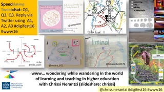 www… wondering while wandering in the world
of learning and teaching in higher education
with Chrissi Nerantzi (slideshare: chrissi)
@chrissinerantzi #digifest16 #www16
@howardscott75
Speeddating
Tweetchat: Q1,
Q2, Q3. Reply via
Twitter using A1,
A2, A3 #digifest16
#www16
cc-by
@mike_ewen @moira_UCL
 
