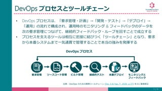 DevOps プロセスとツールチェーン
• DevOps プロセスは、「要求管理・計画」→「開発・テスト」→「デプロイ」→
「運用」の流れで構成され、運用時のモニタリング & フィードバックのデータを
次の要求管理につなげて、継続的フィードバック・ループを回すことで成立する
• プロセスを支えるツールは相互に密接に結びつく「ツールチェーン」となり、要求
から本番システムまで一気通貫で管理することで本当の強みを発揮する
11 / 19
</>
要求管理 ソースコード管理 ビルド管理 継続的テスト 本番デプロイ モニタリングと
フィードバック
出典 : DevOps のための開発ツールチェーン (Doi, S & Yao, T. 2020. p.37) を元に筆者修正
DevOps プロセス
 