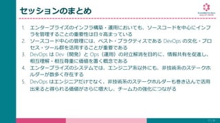 セッションのまとめ
1. エンタープライズのインフラ構築・運用においても、ソースコードを中心にインフ
ラを管理することの重要性は日々高まっている
2. ソースコード中心の管理には、ベスト・プラクティスである DevOps の文化・プロ
セス・ツール群を活用することが重要である
3. DevOps は Dev（開発）と Ops（運用）の対立解消を目的に、情報共有を促進し、
相互理解・相互尊重に価値を置く概念である
4. エンタープライズのシステムでは、エンジニア系以外にも、非技術系のステークホ
ルダーが数多く存在する
5. DevOps はエンジニアだけでなく、非技術系のステークホルダーも巻き込んで活用
出来ると得られる価値がさらに増大し、チーム力の強化につながる
17 / 19
 