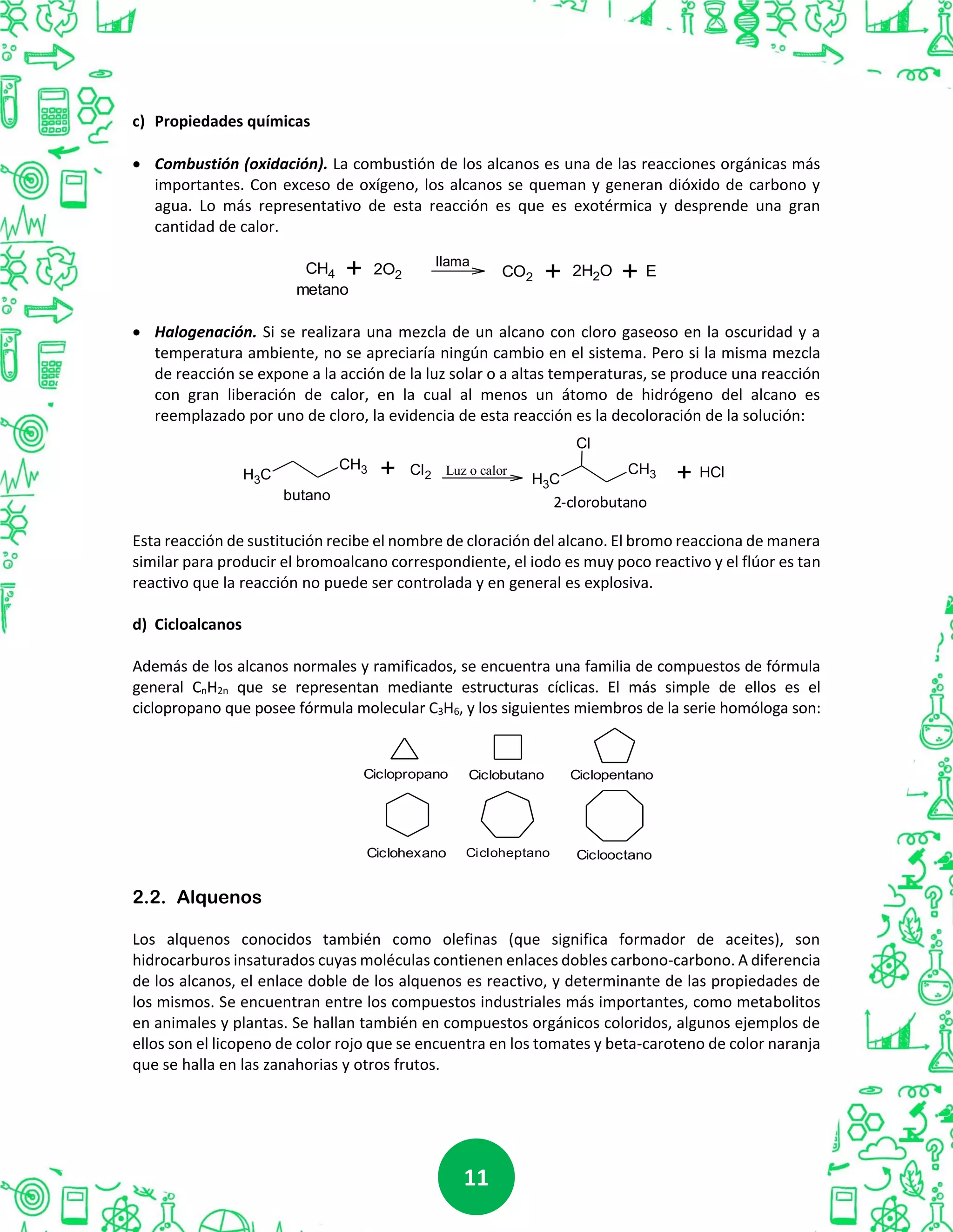 1111
c) Propiedades químicas
 Combustión (oxidación). La combustión de los alcanos es una de las reacciones orgánicas más
importantes. Con exceso de oxígeno, los alcanos se queman y generan dióxido de carbono y
agua. Lo más representativo de esta reacción es que es exotérmica y desprende una gran
cantidad de calor.
 Halogenación. Si se realizara una mezcla de un alcano con cloro gaseoso en la oscuridad y a
temperatura ambiente, no se apreciaría ningún cambio en el sistema. Pero si la misma mezcla
de reacción se expone a la acción de la luz solar o a altas temperaturas, se produce una reacción
con gran liberación de calor, en la cual al menos un átomo de hidrógeno del alcano es
reemplazado por uno de cloro, la evidencia de esta reacción es la decoloración de la solución:
Esta reacción de sustitución recibe el nombre de cloración del alcano. El bromo reacciona de manera
similar para producir el bromoalcano correspondiente, el iodo es muy poco reactivo y el flúor es tan
reactivo que la reacción no puede ser controlada y en general es explosiva.
d) Cicloalcanos
Además de los alcanos normales y ramificados, se encuentra una familia de compuestos de fórmula
general CnH2n que se representan mediante estructuras cíclicas. El más simple de ellos es el
ciclopropano que posee fórmula molecular C3H6, y los siguientes miembros de la serie homóloga son:
2.2. Alquenos
Los alquenos conocidos también como olefinas (que significa formador de aceites), son
hidrocarburos insaturados cuyas moléculas contienen enlaces dobles carbono-carbono. A diferencia
de los alcanos, el enlace doble de los alquenos es reactivo, y determinante de las propiedades de
los mismos. Se encuentran entre los compuestos industriales más importantes, como metabolitos
en animales y plantas. Se hallan también en compuestos orgánicos coloridos, algunos ejemplos de
ellos son el licopeno de color rojo que se encuentra en los tomates y beta-caroteno de color naranja
que se halla en las zanahorias y otros frutos.
Ciclopropano Ciclobutano Ciclopentano
Ciclohexano Cicloheptano Ciclooctano
CH4 + 2O2 CO2 + 2H2O + E
metano
llama
CH3
CH3 + CH3
CH3
Cl
+ ClH
butano 2-clorobutano
Cl2 Luz o calor
 