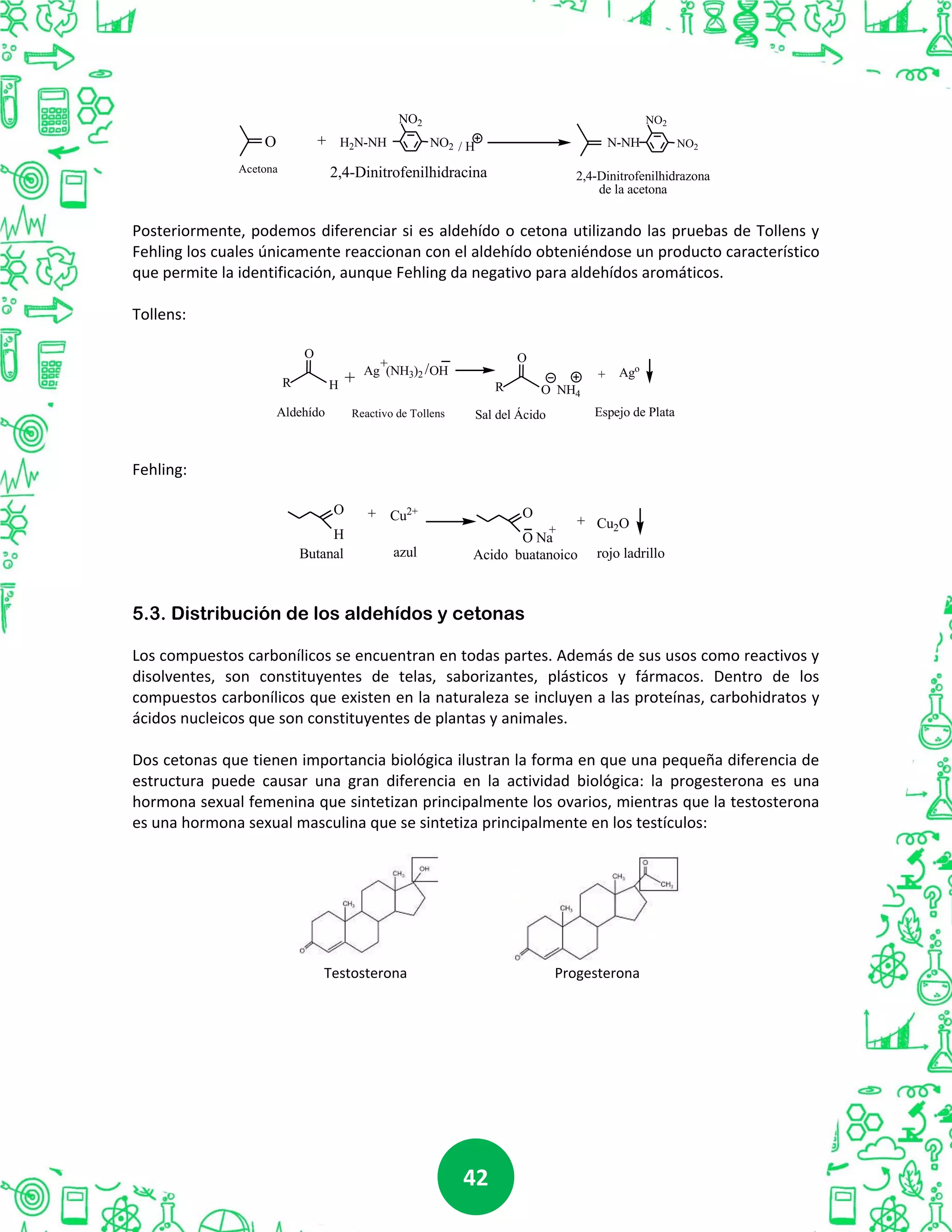 4242
O
Acetona
H2N-NH
NO2
2,4-Dinitrofenilhidracina
H/NO2 N-NH
NO2
NO2
2,4-Dinitrofenilhidrazona
de la acetona
+
Posteriormente, podemos diferenciar si es aldehído o cetona utilizando las pruebas de Tollens y
Fehling los cuales únicamente reaccionan con el aldehído obteniéndose un producto característico
que permite la identificación, aunque Fehling da negativo para aldehídos aromáticos.
Tollens:
HR
O
+ R
O
O NH4
+
Sal del ÁcidoAldehído
Ag (NH3)2 OH Ago
Espejo de Plata
+
/
Reactivo de Tollens
Fehling:
+ Cu2+
azul
O
H
O
O Na
+ Cu2O
rojo ladrilloButanal Acido buatanoico
+
5.3. Distribución de los aldehídos y cetonas
Los compuestos carbonílicos se encuentran en todas partes. Además de sus usos como reactivos y
disolventes, son constituyentes de telas, saborizantes, plásticos y fármacos. Dentro de los
compuestos carbonílicos que existen en la naturaleza se incluyen a las proteínas, carbohidratos y
ácidos nucleicos que son constituyentes de plantas y animales.
Dos cetonas que tienen importancia biológica ilustran la forma en que una pequeña diferencia de
estructura puede causar una gran diferencia en la actividad biológica: la progesterona es una
hormona sexual femenina que sintetizan principalmente los ovarios, mientras que la testosterona
es una hormona sexual masculina que se sintetiza principalmente en los testículos:
Testosterona Progesterona
 