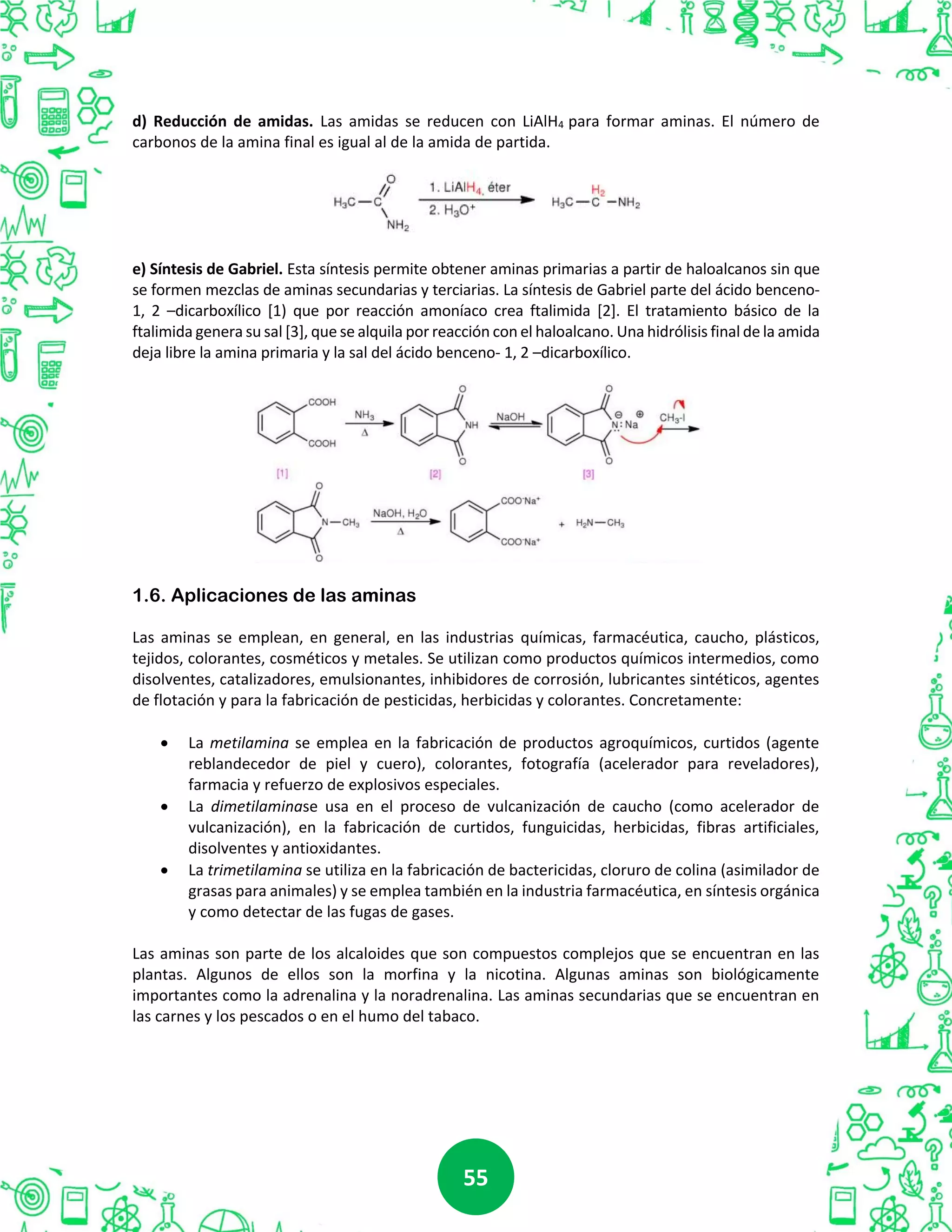 5555
d) Reducción de amidas. Las amidas se reducen con LiAlH4 para formar aminas. El número de
carbonos de la amina final es igual al de la amida de partida.
e) Síntesis de Gabriel. Esta síntesis permite obtener aminas primarias a partir de haloalcanos sin que
se formen mezclas de aminas secundarias y terciarias. La síntesis de Gabriel parte del ácido benceno-
1, 2 –dicarboxílico [1) que por reacción amoníaco crea ftalimida [2]. El tratamiento básico de la
ftalimida genera su sal [3], que se alquila por reacción con el haloalcano. Una hidrólisis final de la amida
deja libre la amina primaria y la sal del ácido benceno- 1, 2 –dicarboxílico.
1.6. Aplicaciones de las aminas
Las aminas se emplean, en general, en las industrias químicas, farmacéutica, caucho, plásticos,
tejidos, colorantes, cosméticos y metales. Se utilizan como productos químicos intermedios, como
disolventes, catalizadores, emulsionantes, inhibidores de corrosión, lubricantes sintéticos, agentes
de flotación y para la fabricación de pesticidas, herbicidas y colorantes. Concretamente:
 La metilamina se emplea en la fabricación de productos agroquímicos, curtidos (agente
reblandecedor de piel y cuero), colorantes, fotografía (acelerador para reveladores),
farmacia y refuerzo de explosivos especiales.
 La dimetilaminase usa en el proceso de vulcanización de caucho (como acelerador de
vulcanización), en la fabricación de curtidos, funguicidas, herbicidas, fibras artificiales,
disolventes y antioxidantes.
 La trimetilamina se utiliza en la fabricación de bactericidas, cloruro de colina (asimilador de
grasas para animales) y se emplea también en la industria farmacéutica, en síntesis orgánica
y como detectar de las fugas de gases.
Las aminas son parte de los alcaloides que son compuestos complejos que se encuentran en las
plantas. Algunos de ellos son la morfina y la nicotina. Algunas aminas son biológicamente
importantes como la adrenalina y la noradrenalina. Las aminas secundarias que se encuentran en
las carnes y los pescados o en el humo del tabaco.
 