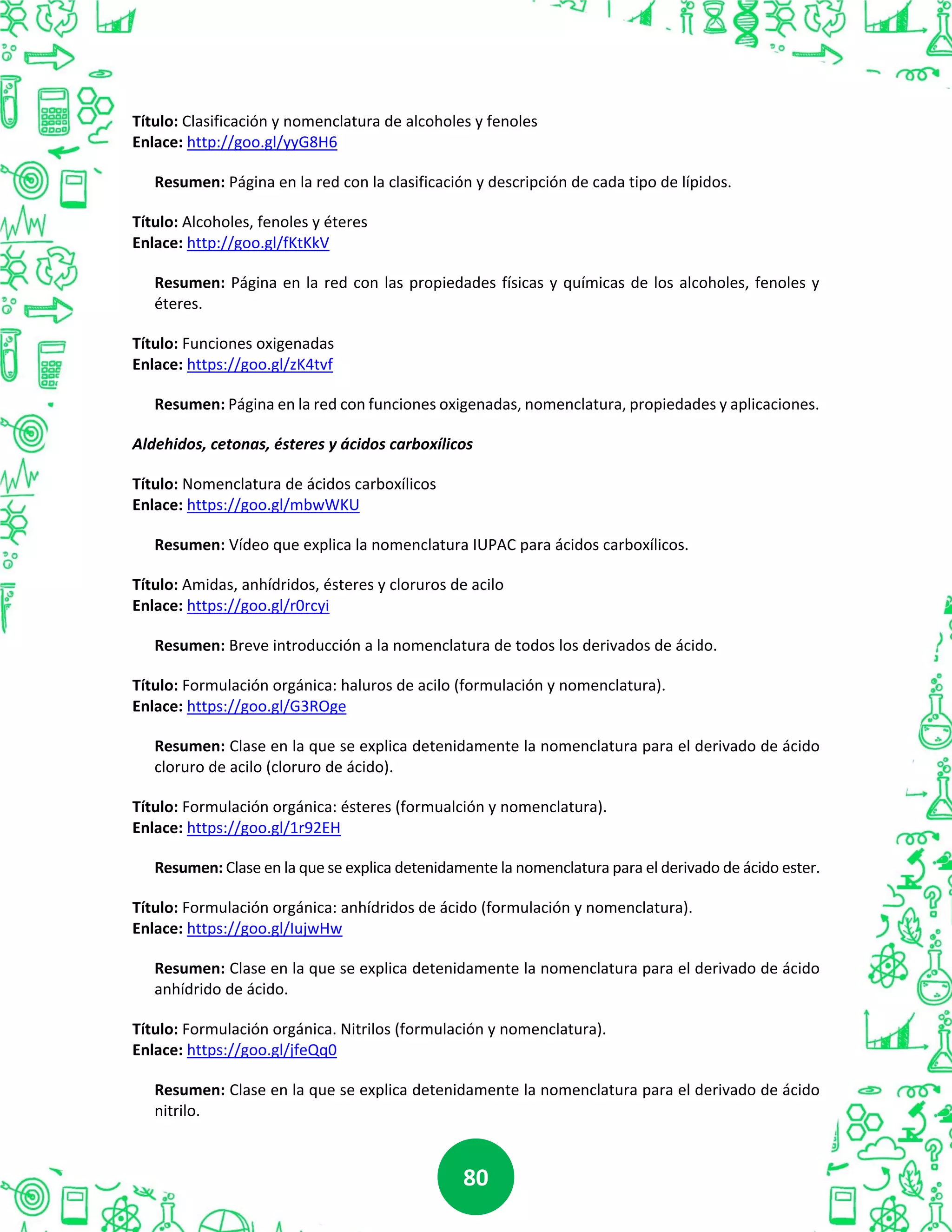 8080
Título: Clasificación y nomenclatura de alcoholes y fenoles
Enlace: http://goo.gl/yyG8H6
Resumen: Página en la red con la clasificación y descripción de cada tipo de lípidos.
Título: Alcoholes, fenoles y éteres
Enlace: http://goo.gl/fKtKkV
Resumen: Página en la red con las propiedades físicas y químicas de los alcoholes, fenoles y
éteres.
Título: Funciones oxigenadas
Enlace: https://goo.gl/zK4tvf
Resumen: Página en la red con funciones oxigenadas, nomenclatura, propiedades y aplicaciones.
Aldehidos, cetonas, ésteres y ácidos carboxílicos
Título: Nomenclatura de ácidos carboxílicos
Enlace: https://goo.gl/mbwWKU
Resumen: Vídeo que explica la nomenclatura IUPAC para ácidos carboxílicos.
Título: Amidas, anhídridos, ésteres y cloruros de acilo
Enlace: https://goo.gl/r0rcyi
Resumen: Breve introducción a la nomenclatura de todos los derivados de ácido.
Título: Formulación orgánica: haluros de acilo (formulación y nomenclatura).
Enlace: https://goo.gl/G3ROge
Resumen: Clase en la que se explica detenidamente la nomenclatura para el derivado de ácido
cloruro de acilo (cloruro de ácido).
Título: Formulación orgánica: ésteres (formualción y nomenclatura).
Enlace: https://goo.gl/1r92EH
Resumen: Clase en la que se explica detenidamente la nomenclatura para el derivado de ácido ester.
Título: Formulación orgánica: anhídridos de ácido (formulación y nomenclatura).
Enlace: https://goo.gl/IujwHw
Resumen: Clase en la que se explica detenidamente la nomenclatura para el derivado de ácido
anhídrido de ácido.
Título: Formulación orgánica. Nitrilos (formulación y nomenclatura).
Enlace: https://goo.gl/jfeQq0
Resumen: Clase en la que se explica detenidamente la nomenclatura para el derivado de ácido
nitrilo.
 