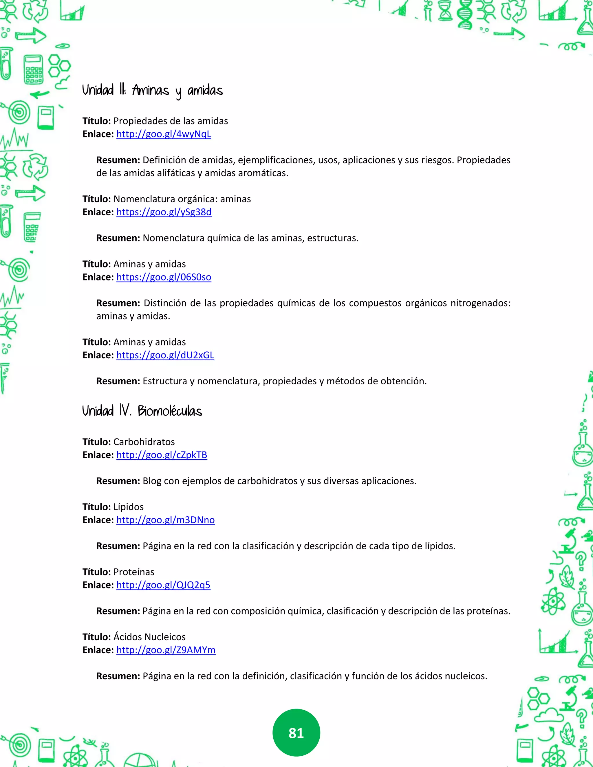 8181
Unidad III: Aminas y amidas
Título: Propiedades de las amidas
Enlace: http://goo.gl/4wyNqL
Resumen: Definición de amidas, ejemplificaciones, usos, aplicaciones y sus riesgos. Propiedades
de las amidas alifáticas y amidas aromáticas.
Título: Nomenclatura orgánica: aminas
Enlace: https://goo.gl/ySg38d
Resumen: Nomenclatura química de las aminas, estructuras.
Título: Aminas y amidas
Enlace: https://goo.gl/06S0so
Resumen: Distinción de las propiedades químicas de los compuestos orgánicos nitrogenados:
aminas y amidas.
Título: Aminas y amidas
Enlace: https://goo.gl/dU2xGL
Resumen: Estructura y nomenclatura, propiedades y métodos de obtención.
Unidad IV. Biomoléculas
Título: Carbohidratos
Enlace: http://goo.gl/cZpkTB
Resumen: Blog con ejemplos de carbohidratos y sus diversas aplicaciones.
Título: Lípidos
Enlace: http://goo.gl/m3DNno
Resumen: Página en la red con la clasificación y descripción de cada tipo de lípidos.
Título: Proteínas
Enlace: http://goo.gl/QJQ2q5
Resumen: Página en la red con composición química, clasificación y descripción de las proteínas.
Título: Ácidos Nucleicos
Enlace: http://goo.gl/Z9AMYm
Resumen: Página en la red con la definición, clasificación y función de los ácidos nucleicos.
 