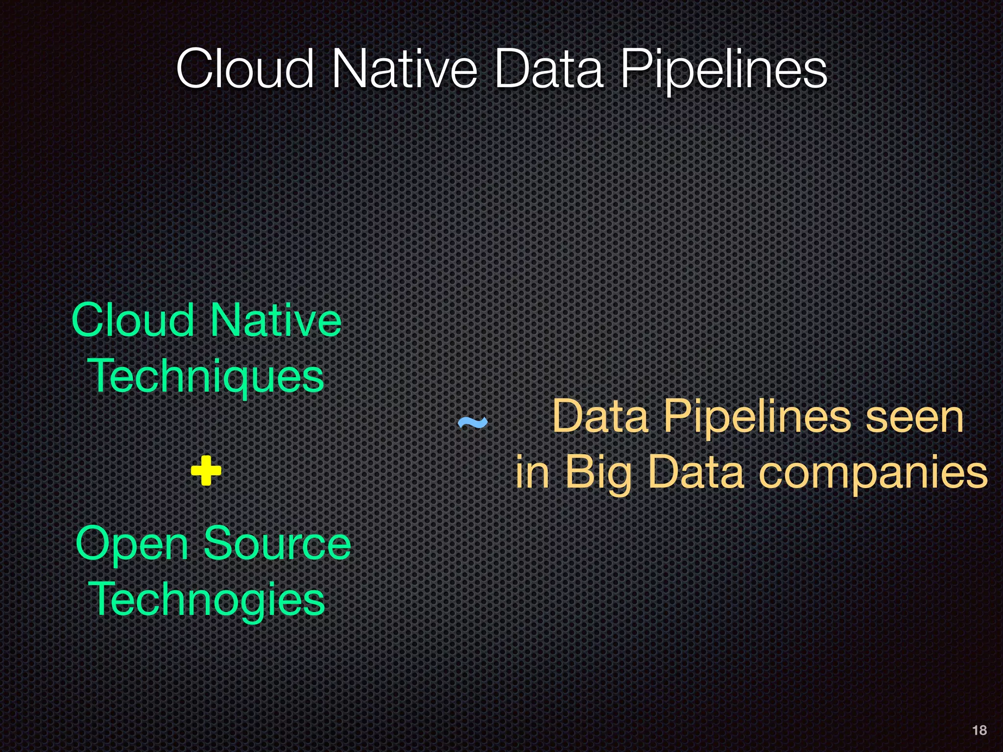 Cloud Native Data Pipelines
18
Cloud Native
Techniques

Open Source
Technogies
Data Pipelines seen
in Big Data companies

~
 