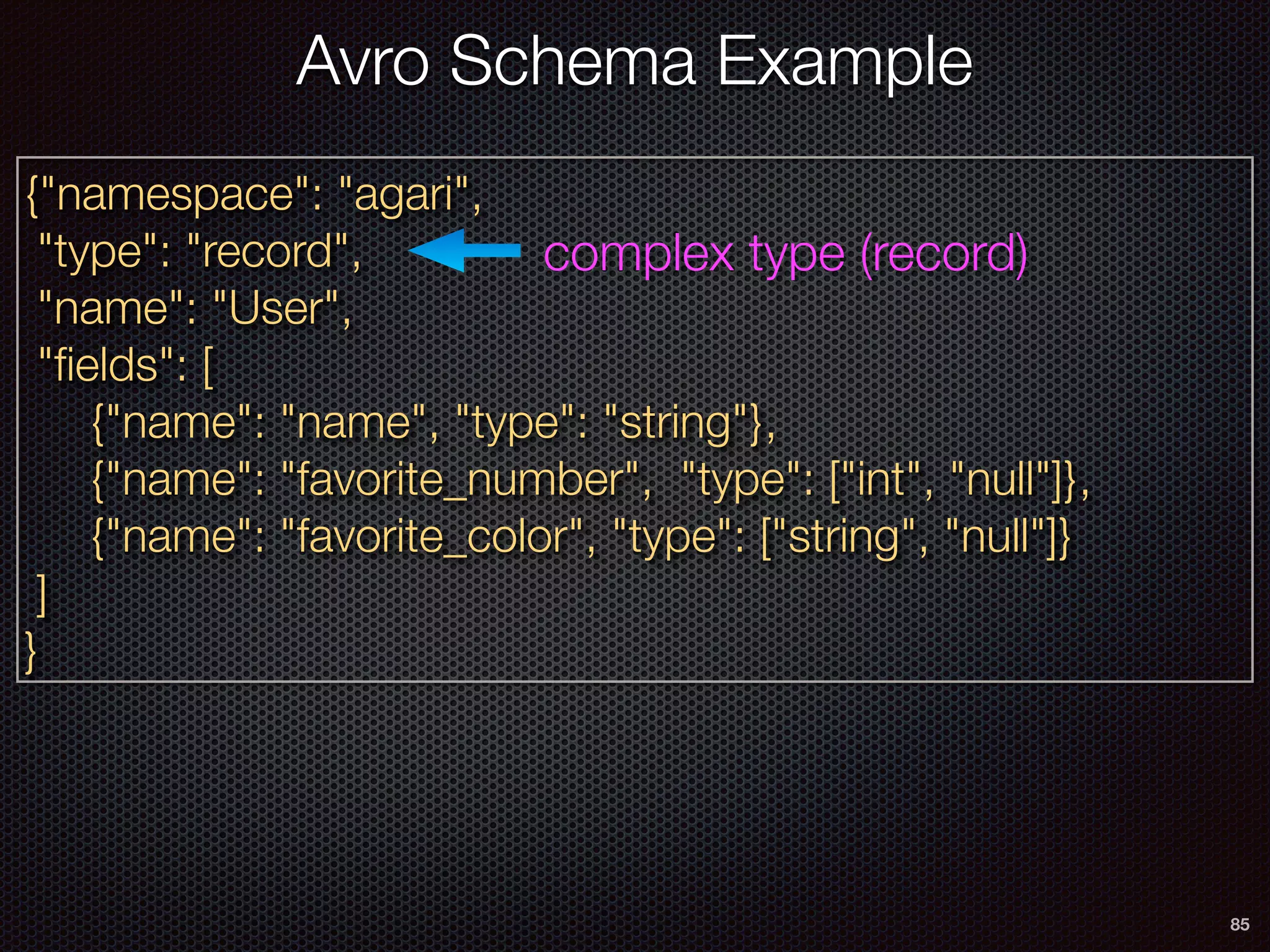 85
{"namespace": "agari",
"type": "record",
"name": "User",
"ﬁelds": [
{"name": "name", "type": "string"},
{"name": "favorite_number", "type": ["int", "null"]},
{"name": "favorite_color", "type": ["string", "null"]}
]
}
complex type (record)
Avro Schema Example
 
