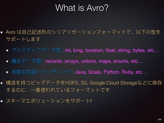 135
What is Avro?
Avro
: int, long, boolean, ﬂoat, string, bytes, etc…
: records, arrays, unions, maps, enums, etc…
: Java, Scala, Python, Ruby, etc…
HDFS, S3, Google Cloud Storage
!
 