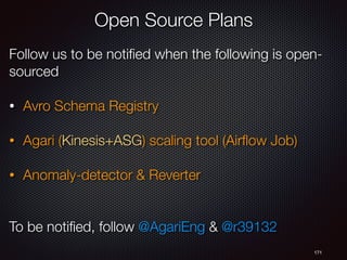 Open Source Plans
171
Follow us to be notiﬁed when the following is open-
sourced
• Avro Schema Registry
• Agari (Kinesis+ASG) scaling tool (Airﬂow Job)
• Anomaly-detector & Reverter
To be notiﬁed, follow @AgariEng & @r39132
 