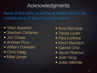 Acknowledgments
173
• Vidur Apparao
• Stephen Cattaneo
• Jon Chase
• Andrew Flury
• William Forrester
• Chris Haag
• Mike Jones
• Scot Kennedy
• Thede Loder
• Paul Lorence
• Kevin Mandich
• Gabriel Ortiz
• Jacob Rideout
• Josh Yang
• Julian Mehnle
None of this work would be possible without the
contributions of the strong team below
 