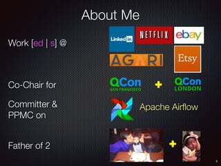 About Me
3
Work [ed | s] @
Committer &
PPMC on
Father of 2
Co-Chair for
Apache Airﬂow
 