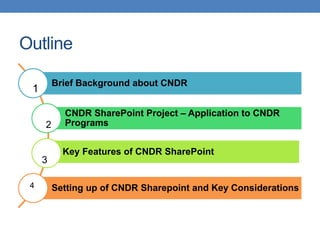Outline

         Brief Background about CNDR
 1

           CNDR SharePoint Project – Application to CNDR
     2     Programs


           Key Features of CNDR SharePoint
     3

 4       Setting up of CNDR Sharepoint and Key Considerations
 